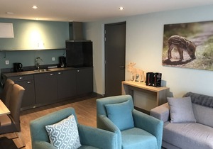 Relax wonderfully and into an apartment with a view of the slopes/mountains.