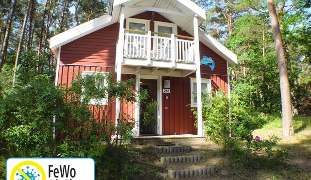 Child-friendly vacation home Hagebutte 263 in Baabe. Awarded the FeWoAirClean seal. Wellness indulgence with a sauna and hot tub. Wooden deck with patio furniture surrounded by nature