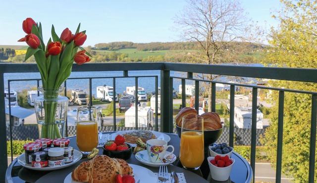 Design-FeWo at the Möhnesee with unique lake view, balcony, pool, sauna, elevator