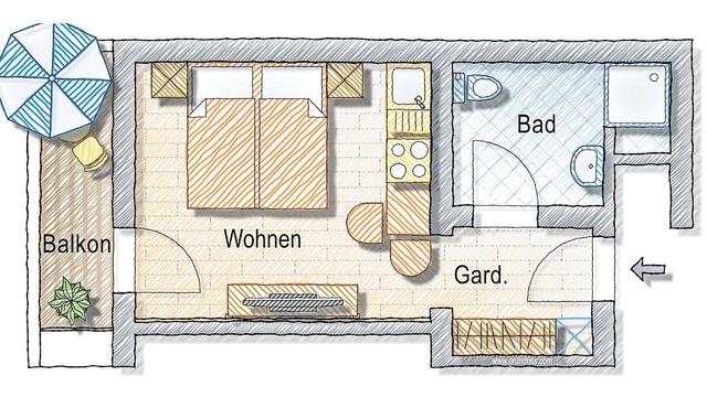 Nice apartment for 2 people with WIFI, TV, balcony and pets allowed