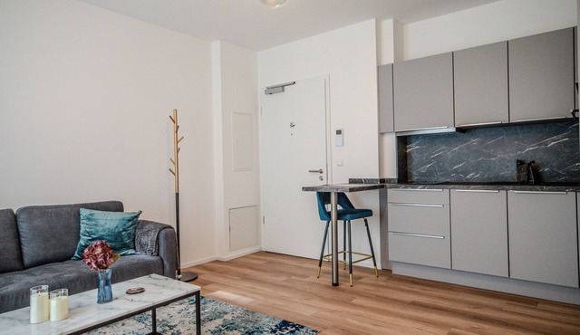 Upscale apartment with living area + kitchen